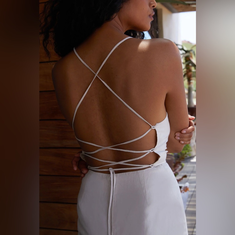 BNWT | Oak + Fort | Linen Blend Open Back Mini Dress | Birch | Size 8 - Picture 3 of 11